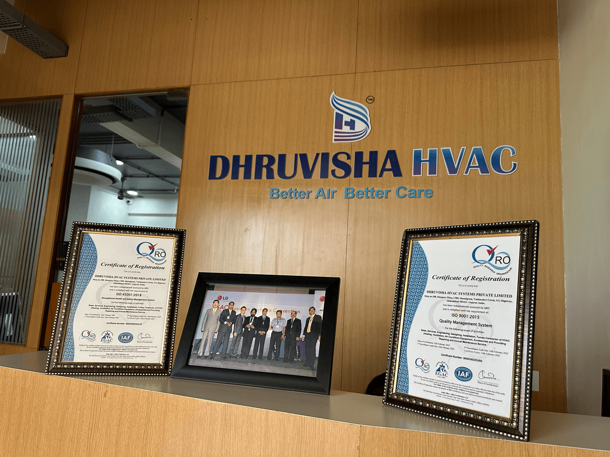 Awards and dealership certificates at Dhruvisha HVAC