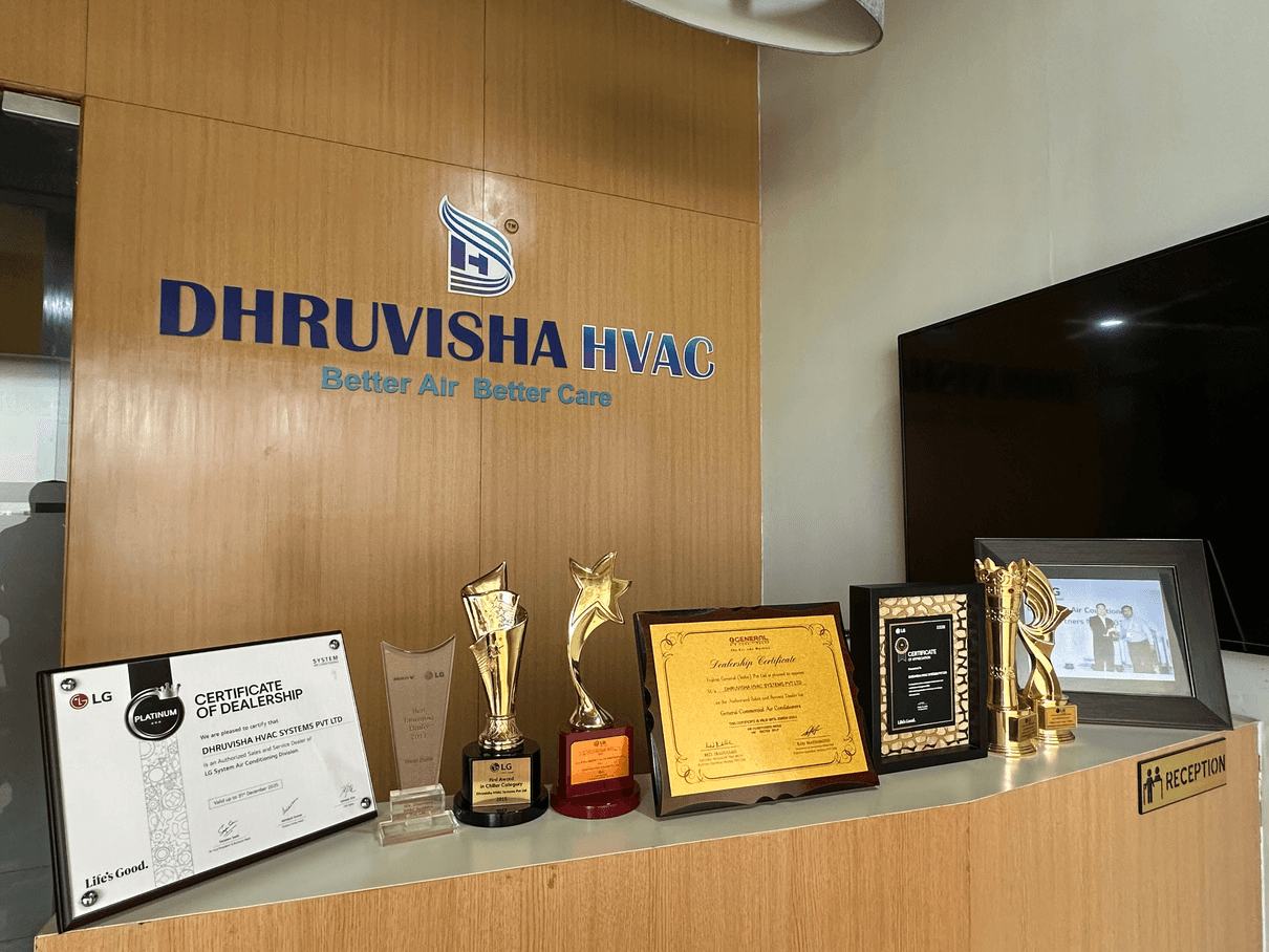 ISO certificates and trophies at Dhruvisha HVAC office